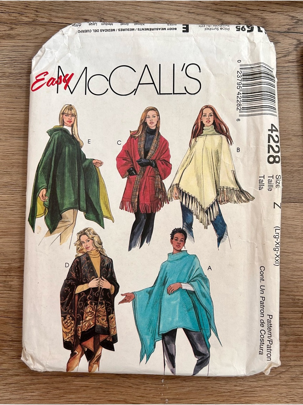 McCall's 4228 Poncho & Reversible Cape Sewing Pattern L-XXL Uncut